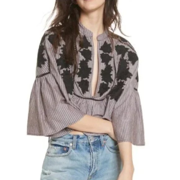Free People Tops - Free People Brown and Black Striped Embroidered Flutter Sleeve Top
